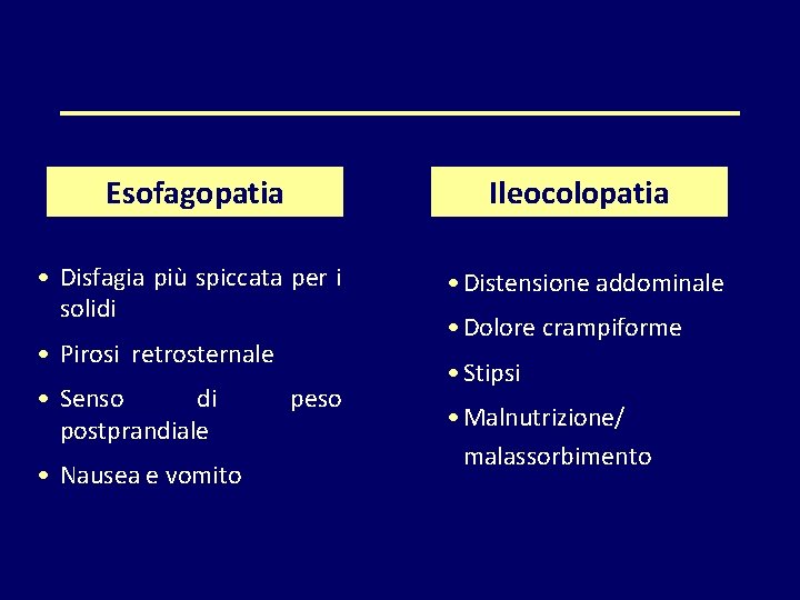 Esofagopatia Ileocolopatia • Disfagia più spiccata per i solidi • Distensione addominale • Pirosi
