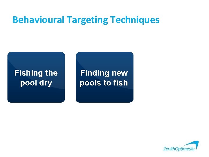 Behavioural Targeting Techniques Fishing the pool dry Finding new pools to fish Finding the