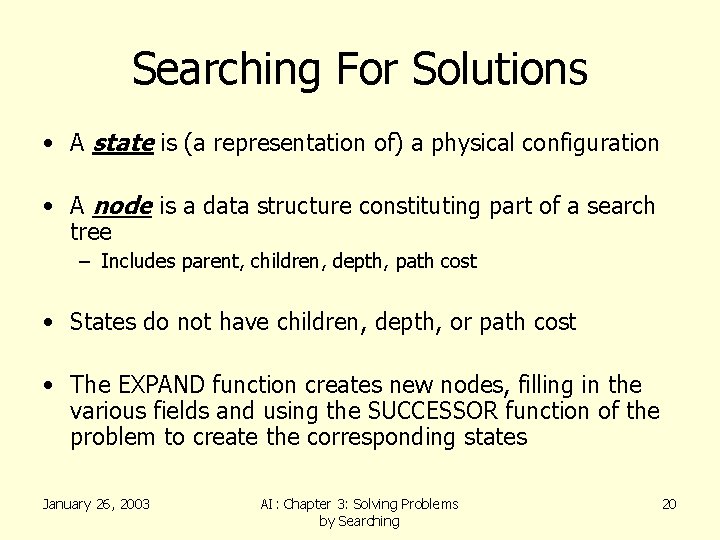 Searching For Solutions • A state is (a representation of) a physical configuration •