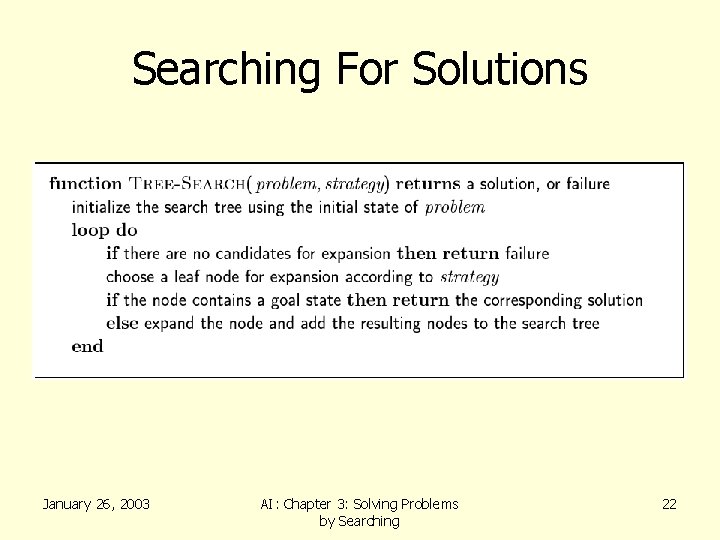 Searching For Solutions January 26, 2003 AI: Chapter 3: Solving Problems by Searching 22