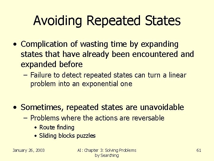 Avoiding Repeated States • Complication of wasting time by expanding states that have already