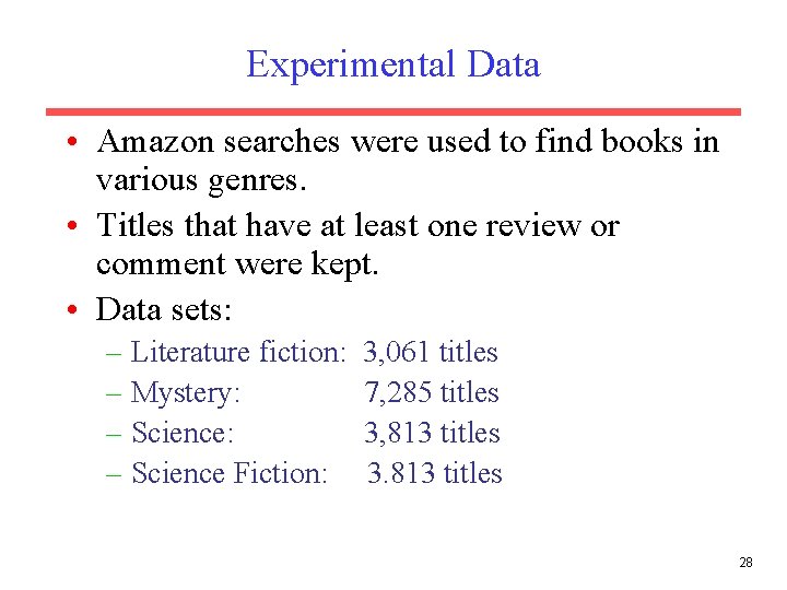 Experimental Data • Amazon searches were used to find books in various genres. •