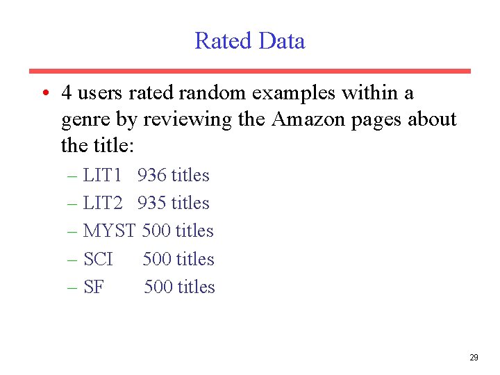 Rated Data • 4 users rated random examples within a genre by reviewing the