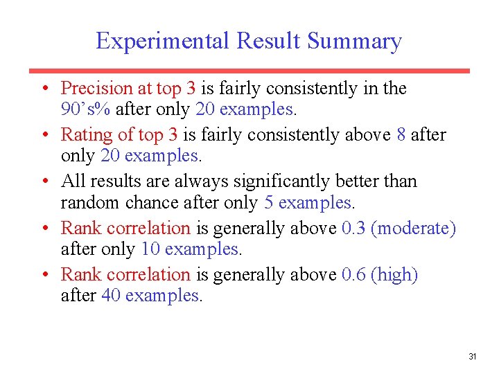 Experimental Result Summary • Precision at top 3 is fairly consistently in the 90’s%
