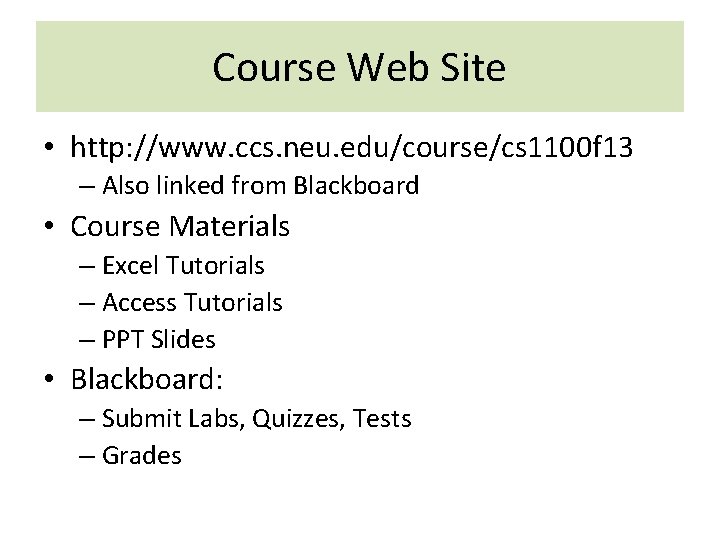 Course Web Site • http: //www. ccs. neu. edu/course/cs 1100 f 13 – Also