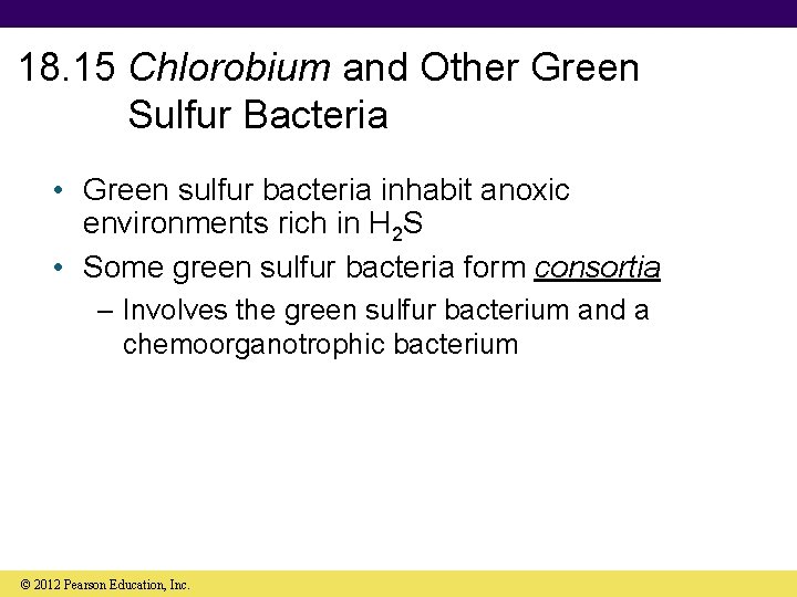 18. 15 Chlorobium and Other Green Sulfur Bacteria • Green sulfur bacteria inhabit anoxic