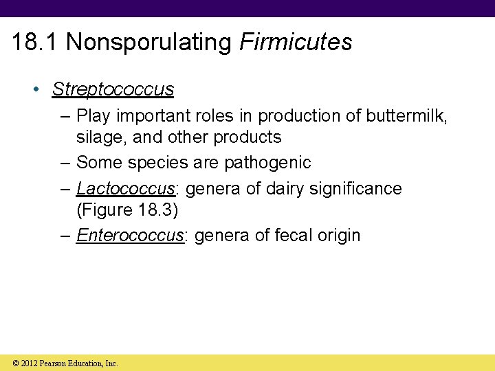 18. 1 Nonsporulating Firmicutes • Streptococcus – Play important roles in production of buttermilk,