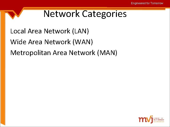 Engineered for Tomorrow Network Categories Local Area Network (LAN) Wide Area Network (WAN) Metropolitan