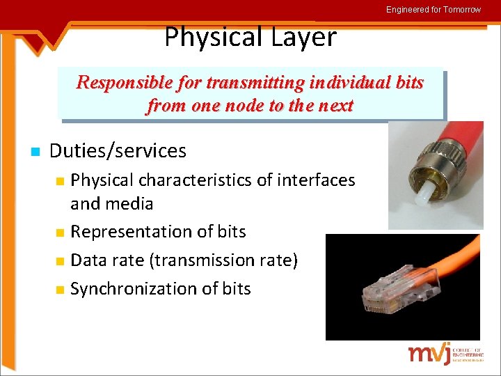 Engineered for Tomorrow Physical Layer Responsible for transmitting individual bits from one node to