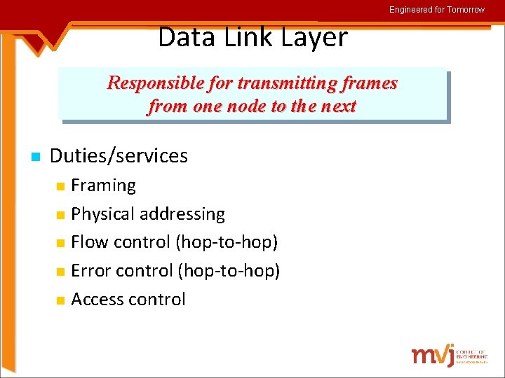 Engineered for Tomorrow Data Link Layer Responsible for transmitting frames from one node to