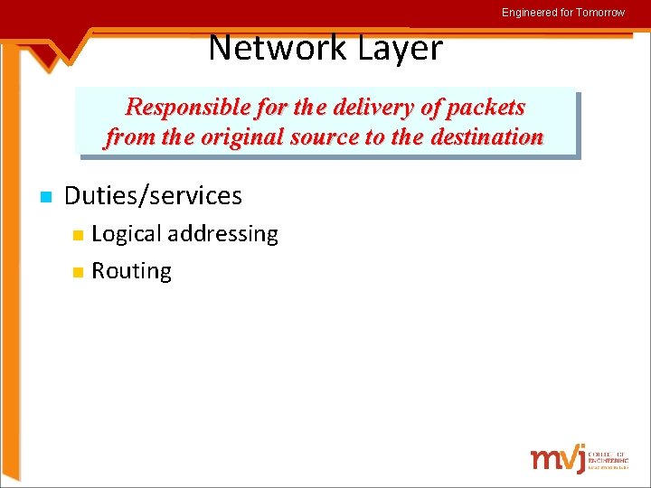 Engineered for Tomorrow Network Layer Responsible for the delivery of packets from the original