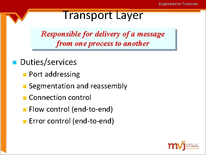 Engineered for Tomorrow Transport Layer Responsible for delivery of a message from one process