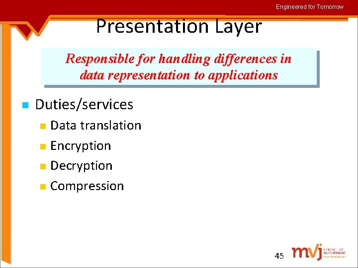 Engineered for Tomorrow Presentation Layer Responsible for handling differences in data representation to applications