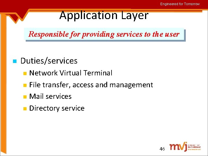 Engineered for Tomorrow Application Layer Responsible for providing services to the user Duties/services Network