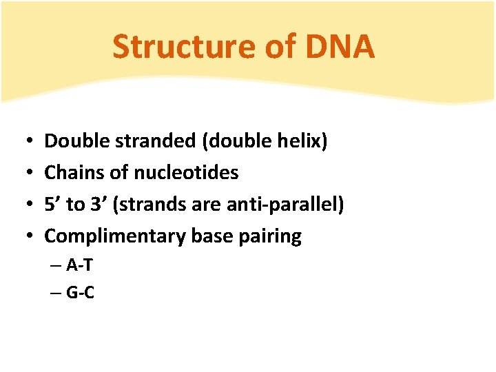 Structure of DNA • • Double stranded (double helix) Chains of nucleotides 5’ to