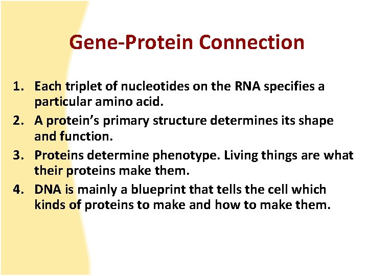 Gene-Protein Connection 1. Each triplet of nucleotides on the RNA specifies a particular amino