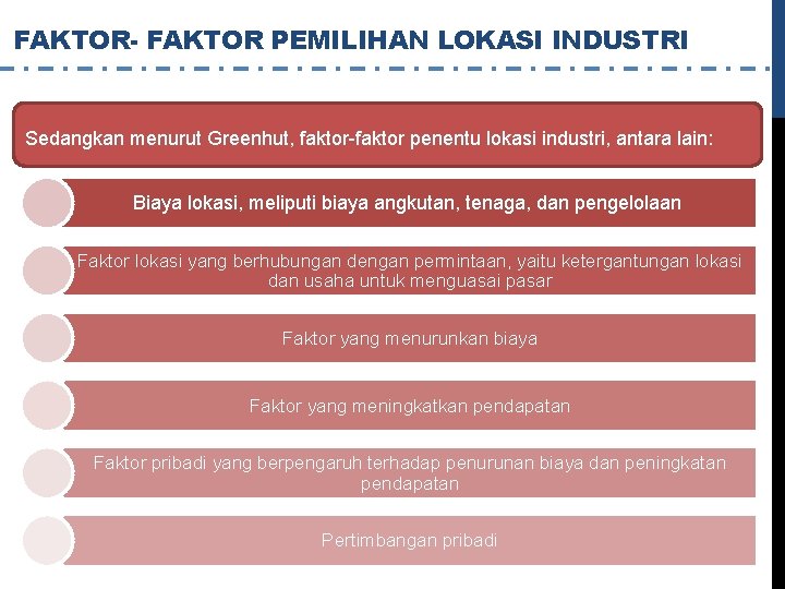 FAKTOR- FAKTOR PEMILIHAN LOKASI INDUSTRI Sedangkan menurut Greenhut, faktor-faktor penentu lokasi industri, antara lain: