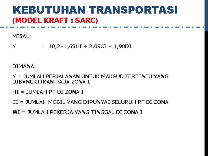 KEBUTUHAN TRANSPORTASI (MODEL KRAFT : SARC) MISAL: Y = 10, 2+1, 68 HI +