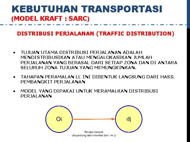 KEBUTUHAN TRANSPORTASI (MODEL KRAFT : SARC) DISTRIBUSI PERJALANAN (TRAFFIC DISTRIBUTION) • TUJUAN UTAMA DISTRIBUSI