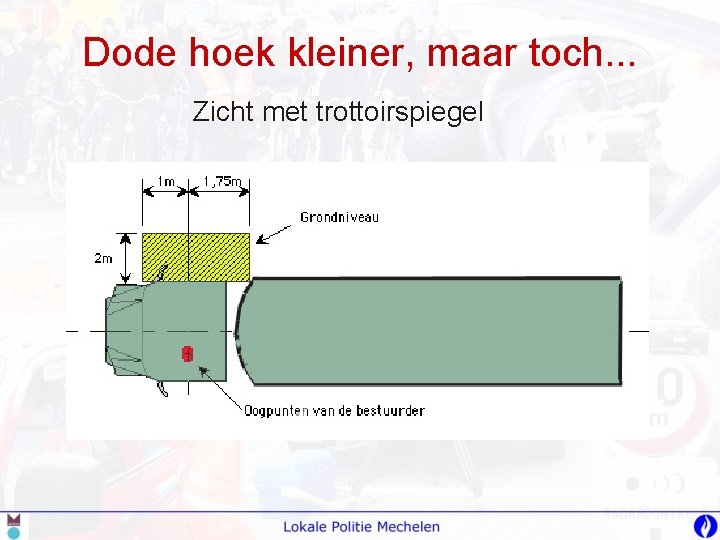 Dode hoek kleiner, maar toch. . . Zicht met trottoirspiegel 