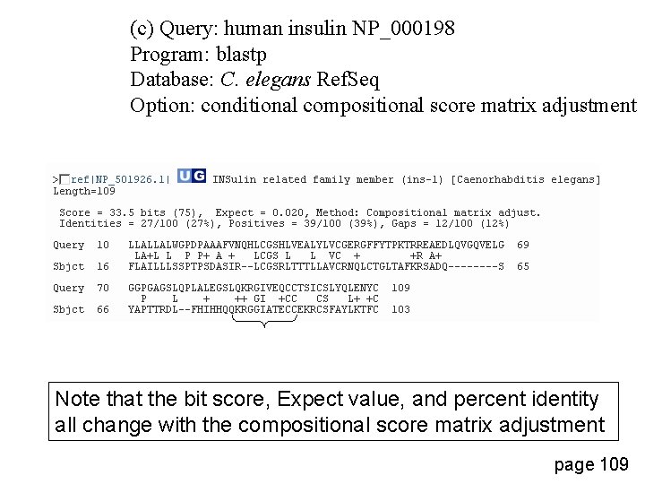 (c) Query: human insulin NP_000198 Program: blastp Database: C. elegans Ref. Seq Option: conditional