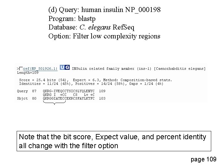 (d) Query: human insulin NP_000198 Program: blastp Database: C. elegans Ref. Seq Option: Filter