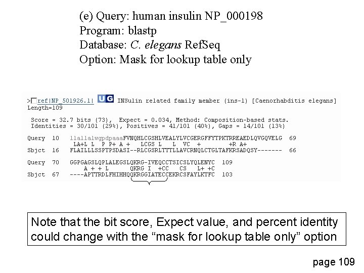 (e) Query: human insulin NP_000198 Program: blastp Database: C. elegans Ref. Seq Option: Mask