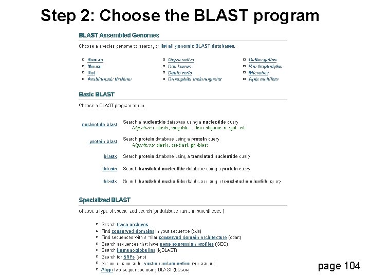Step 2: Choose the BLAST program page 104 
