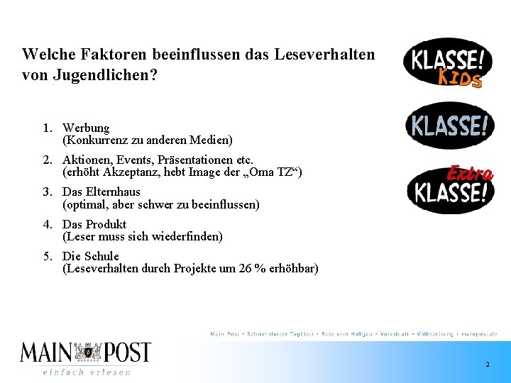 Welche Faktoren beeinflussen das Leseverhalten von Jugendlichen? 1. Werbung (Konkurrenz zu anderen Medien) 2.