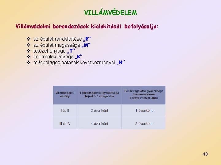 VILLÁMVÉDELEM Villámvédelmi berendezések kialakítását befolyásolja: v v v az épület rendeltetése „R” az épület