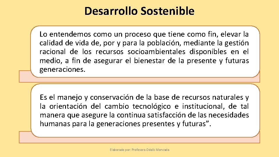 Desarrollo Sostenible Lo entendemos como un proceso que tiene como fin, elevar la calidad