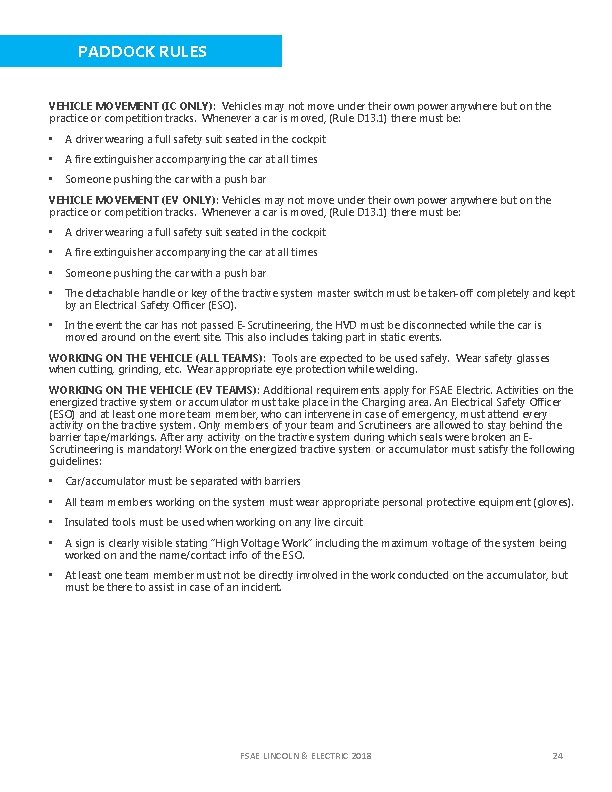 PADDOCK RULES VEHICLE MOVEMENT (IC ONLY): Vehicles may not move under their own power