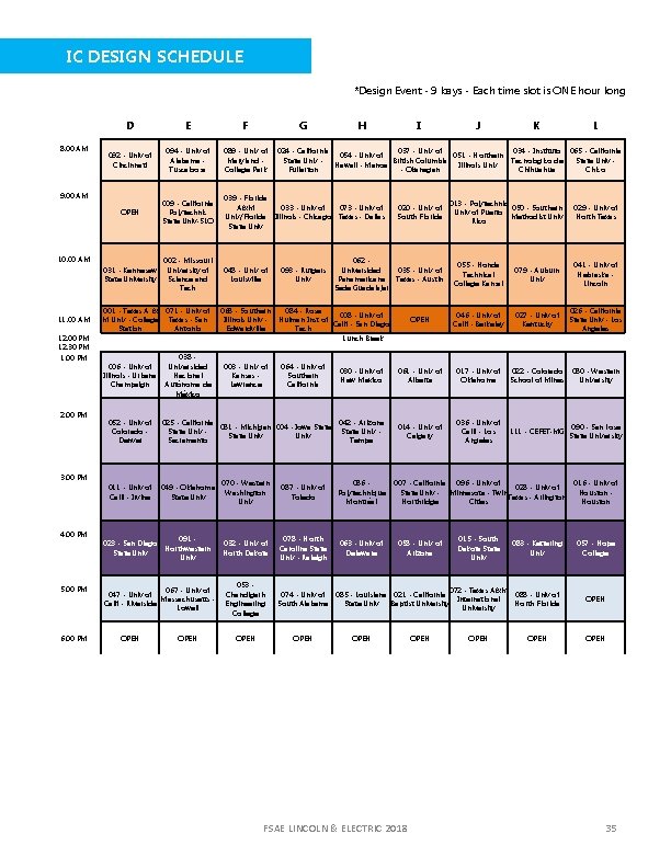 IC DESIGN SCHEDULE *Design Event - 9 bays - Each time slot is ONE