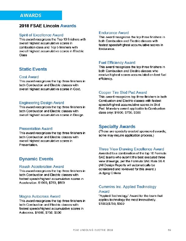 AWARDS FSAE LINCOLN & ELECTRIC 2018 69 