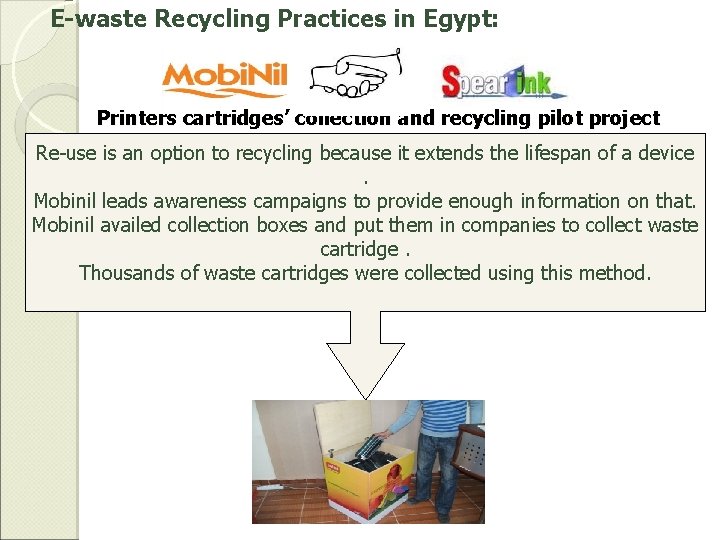E-waste Recycling Practices in Egypt: Printers cartridges’ collection and recycling pilot project Re-use is