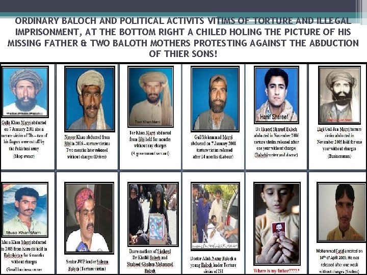 ORDINARY BALOCH AND POLITICAL ACTIVITS VITIMS OF TORTURE AND ILLEGAL IMPRISONMENT, AT THE BOTTOM