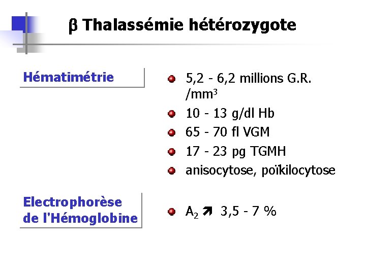 b Thalassémie hétérozygote Hématimétrie Electrophorèse de l'Hémoglobine 5, 2 - 6, 2 millions G.