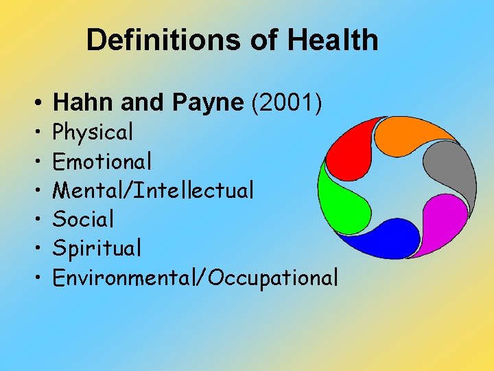 Definitions of Health • Hahn and Payne (2001) • • • Physical Emotional Mental/Intellectual