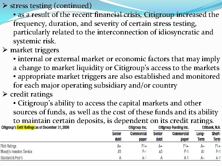 Ø stress testing (continued) • as a result of the recent financial crisis, Citigroup