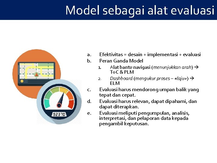 Model sebagai alat evaluasi a. b. Efektivitas = desain + implementasi + evaluasi Peran