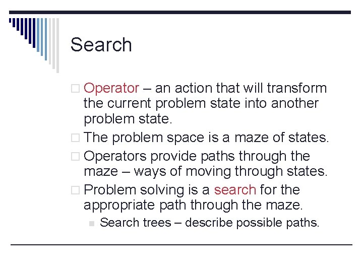 Search o Operator – an action that will transform the current problem state into