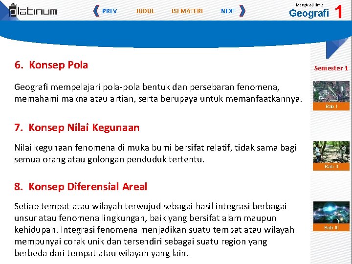 PREV JUDUL ISI MATERI NEXT Mengkaji Ilmu Geografi 6. Konsep Pola Geografi mempelajari pola-pola