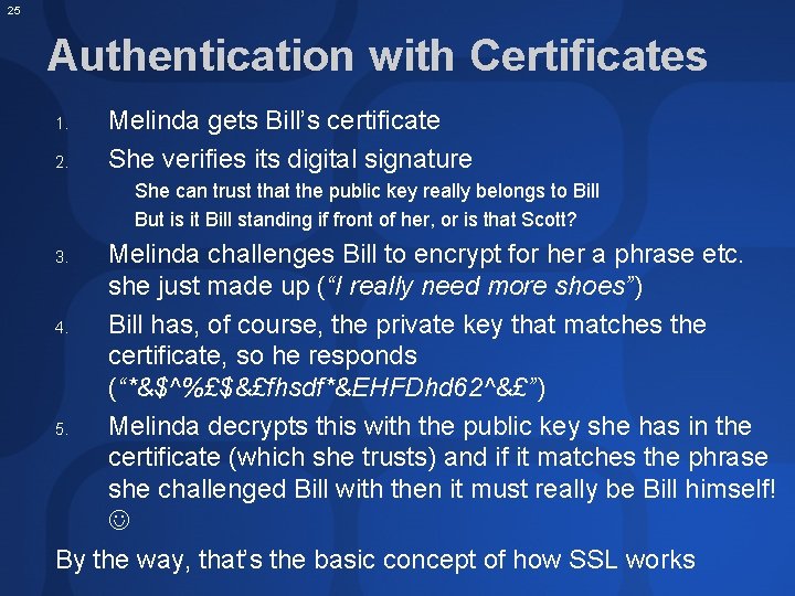 25 Authentication with Certificates 1. 2. Melinda gets Bill’s certificate She verifies its digital