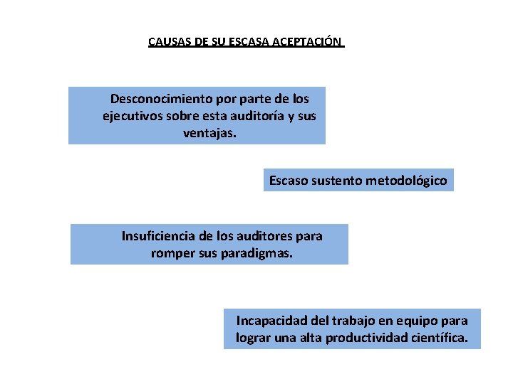 CAUSAS DE SU ESCASA ACEPTACIÓN Desconocimiento por parte de los ejecutivos sobre esta auditoría