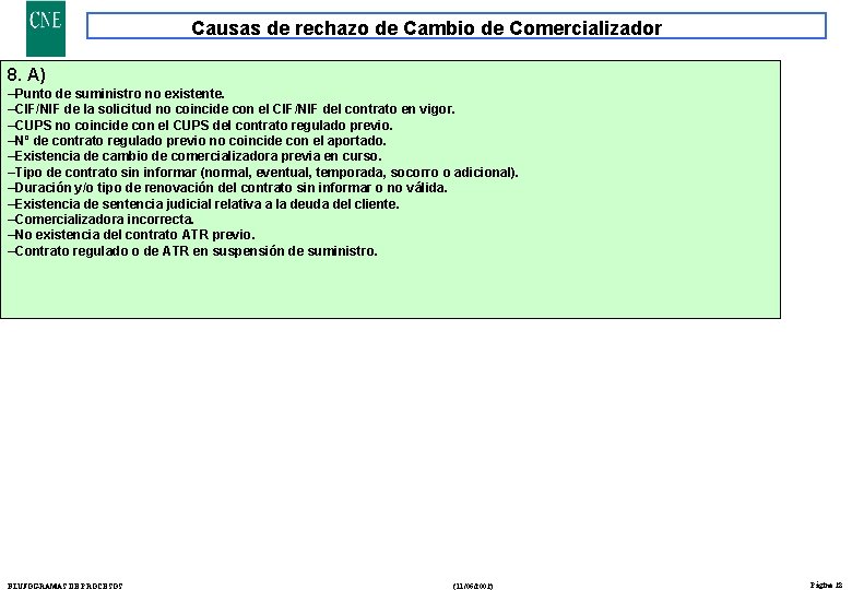 Causas de rechazo de Cambio de Comercializador 8. A) –Punto de suministro no existente.