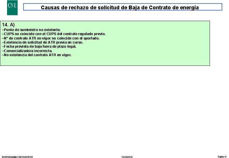 Causas de rechazo de solicitud de Baja de Contrato de energía 14. A) –Punto