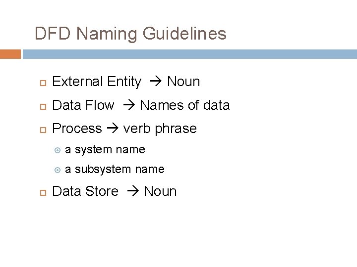 DFD Naming Guidelines External Entity Noun Data Flow Names of data Process verb phrase DFD Naming Guidelines External Entity Noun Data Flow Names of data Process verb phrase