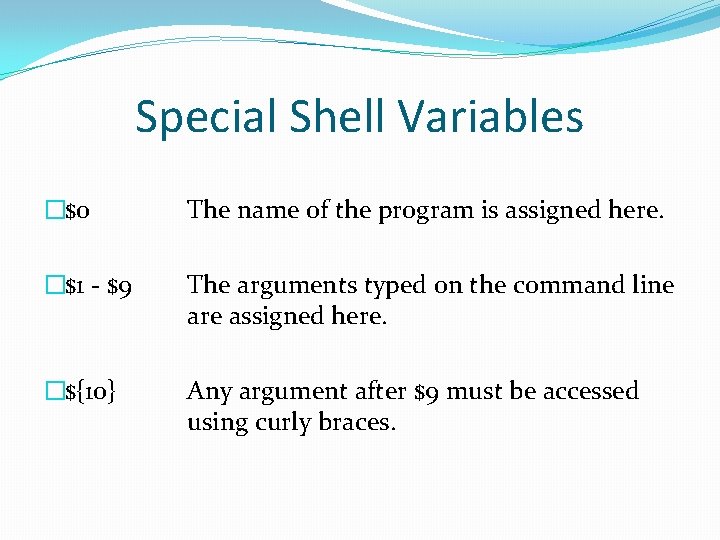 Special Shell Variables �$0 The name of the program is assigned here. �$1 -