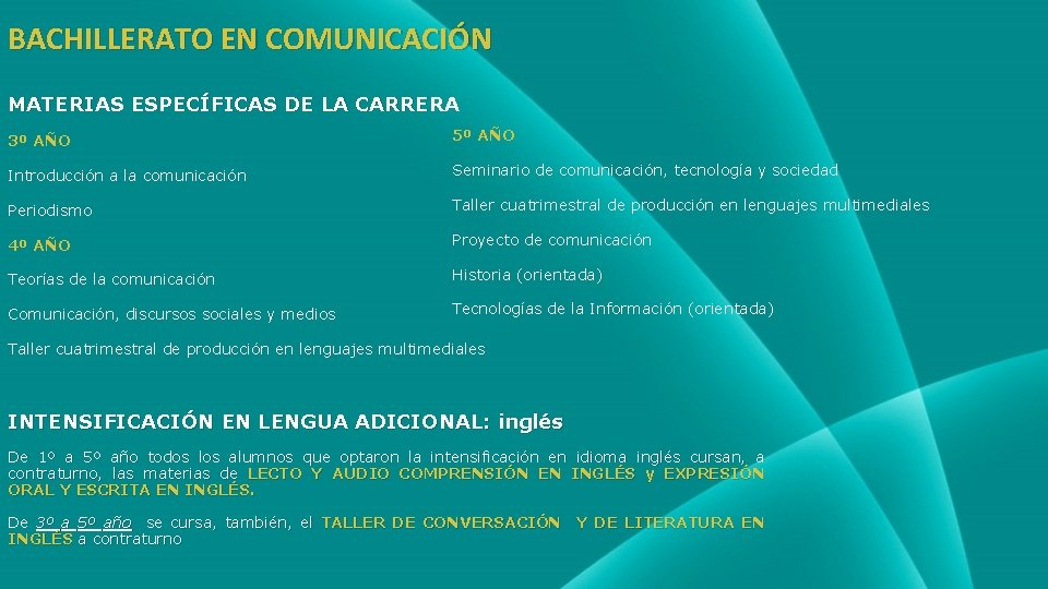 BACHILLERATO EN COMUNICACIÓN MATERIAS ESPECÍFICAS DE LA CARRERA 3º AÑO 5º AÑO Introducción a