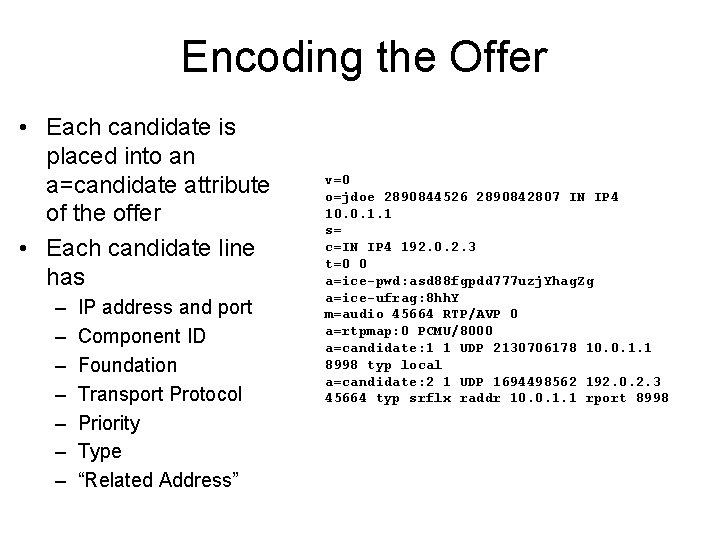 Encoding the Offer • Each candidate is placed into an a=candidate attribute of the